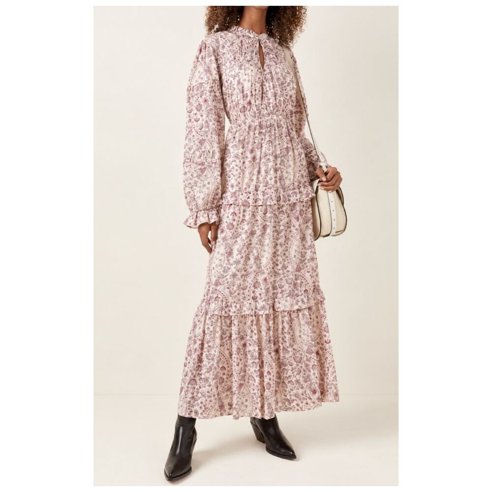 Isabel Marant Étoile Likoya Floral Print Tiered Maxi Dress Cream Pink 10